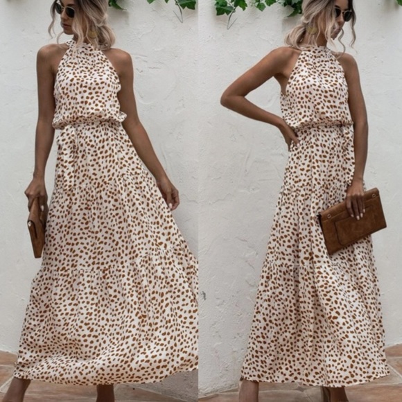 Boho polka dot belted layer ruffle halter dress - Picture 3 of 8